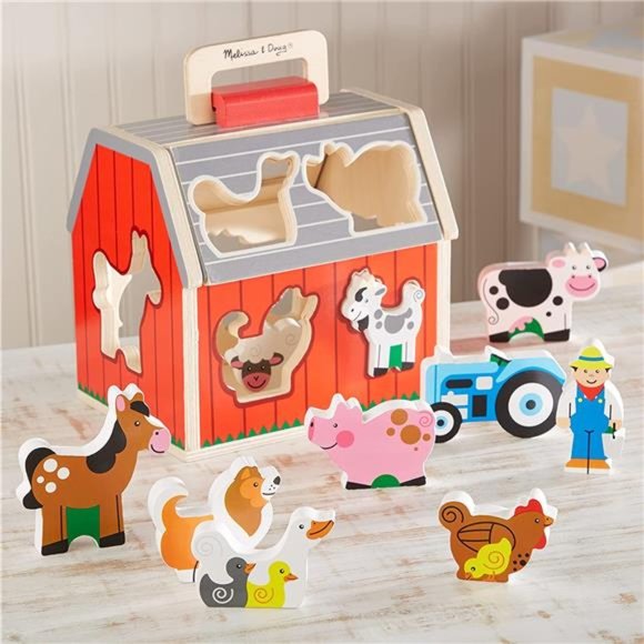 Wooden Take-Along Sorting Barn Toy with Flip-Up Roof and Handle,10 Wooden Pieces - Picture 4 of 6